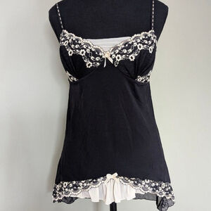 Sophie B. Y2K Lace Bow Peplum Ruffle Chemise - Black/Cream - L